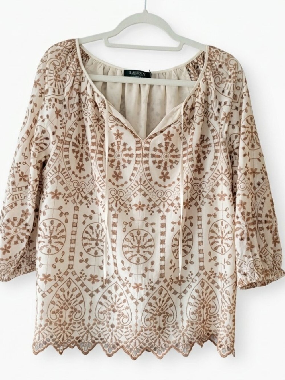 Lauren Ralph Lauren  Cream Peasant Blouse features intricate tan embroidery